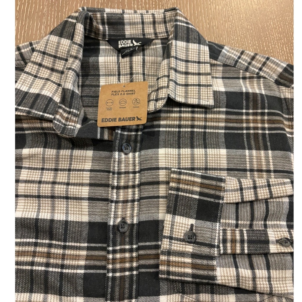 Eddie Bauer Men's Small Plaid Flannel‎ Button Up Shirt Black Tan Stretch NWT